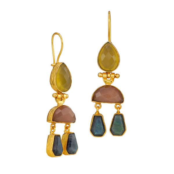 Ohrring aus Messing, vergoldet, gelber/pfirsichfarbener Onyx, Labradorit